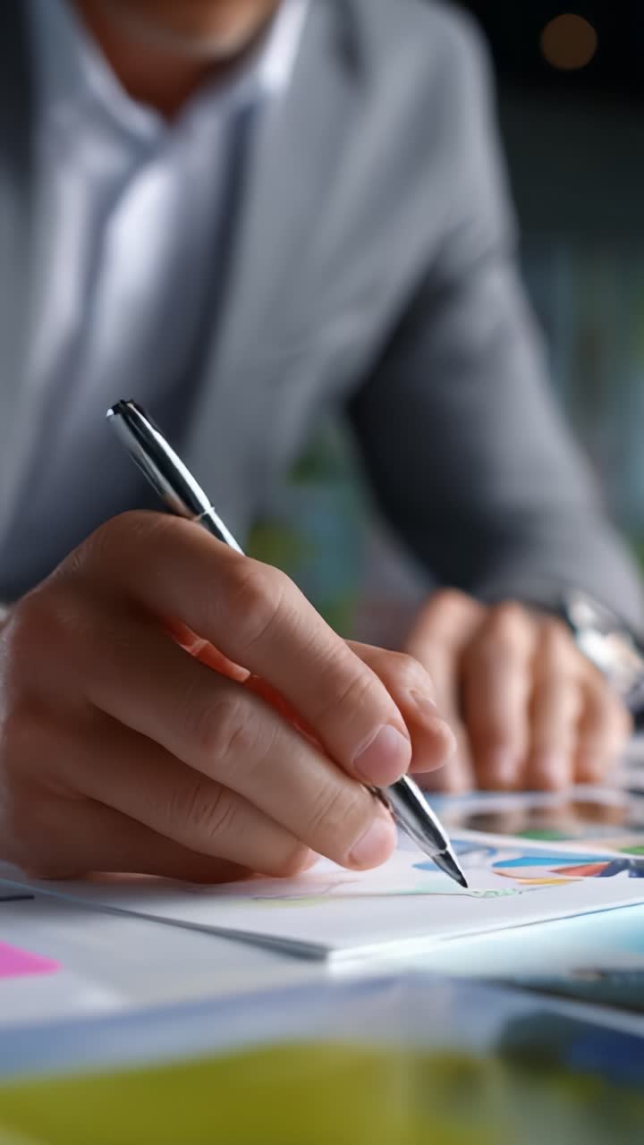A Professional in a Suit Engages in Creative Work, Diligently Writing and Drawing Ideas on Paper with a Pen on a Colorful Workspace Table Full of Notes