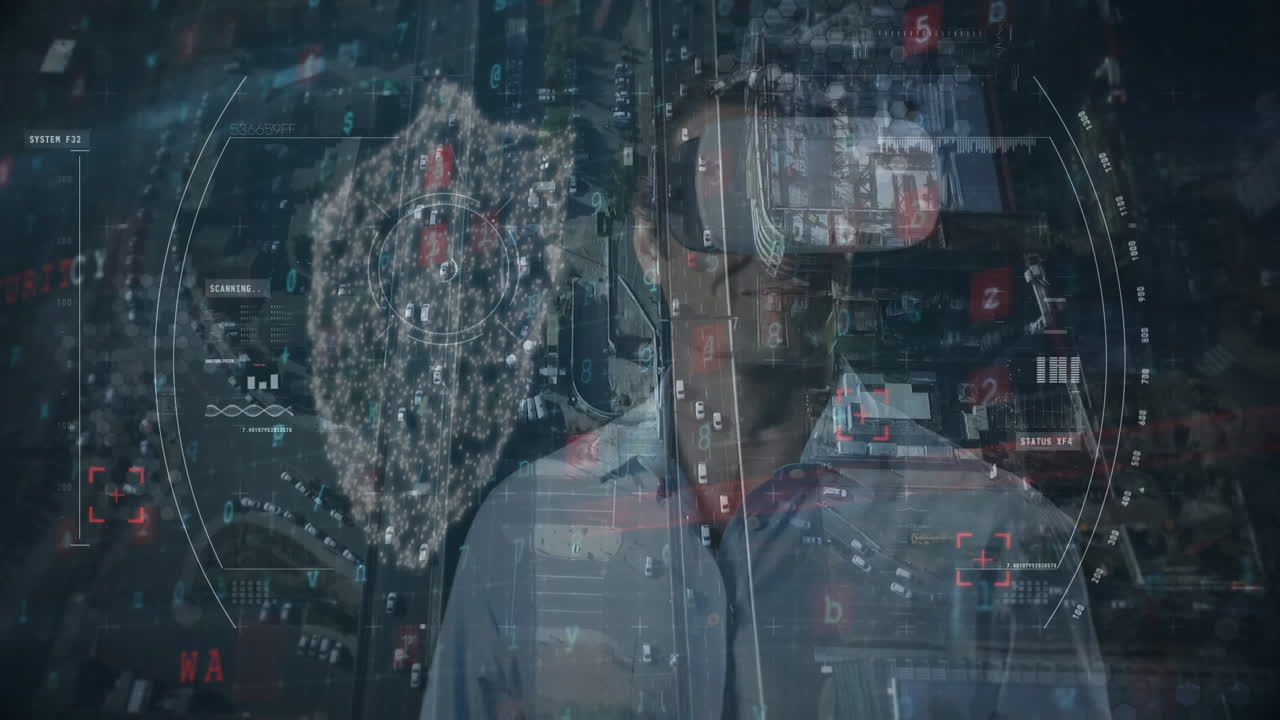 animación del procesamiento de datos financieros sobre un hombre de negocios que usa auriculares vr