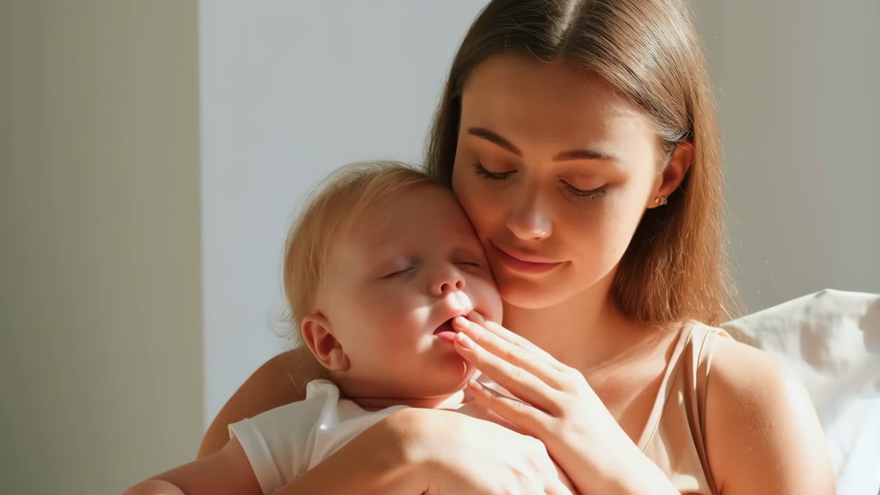Mother Gently Cuddles Sleeping Baby