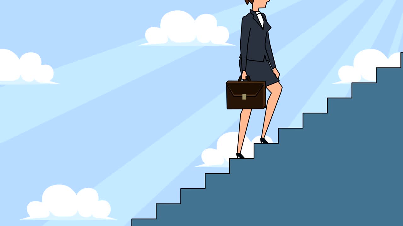 personaje de mujer de negocios de dibujos animados plano con bolsa de caso sube la escalera de la carrera escaleras de concepto de animación