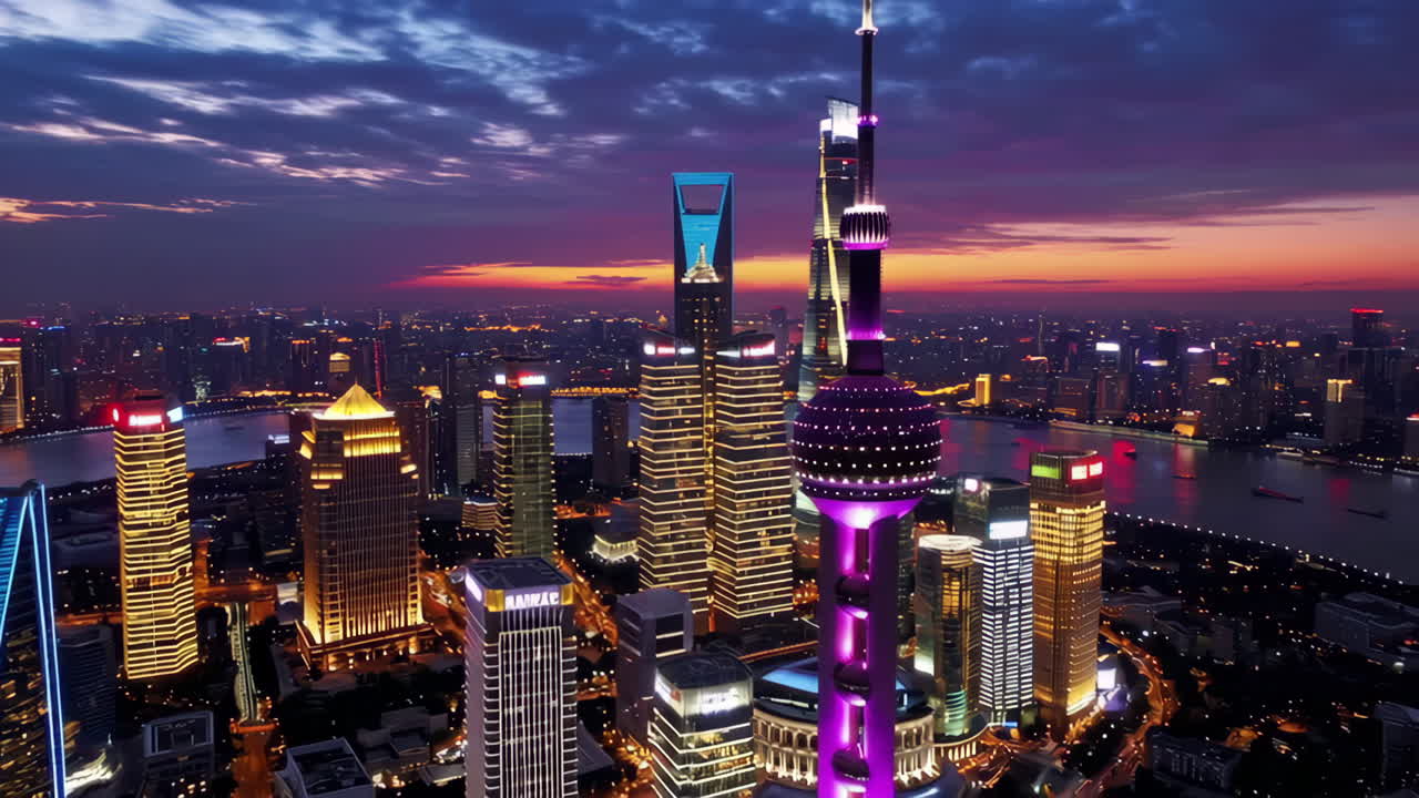 Vibrant Shanghai Skyline at Dusk with Illuminated Skyscrapers and Oriental Pearl TV Tower