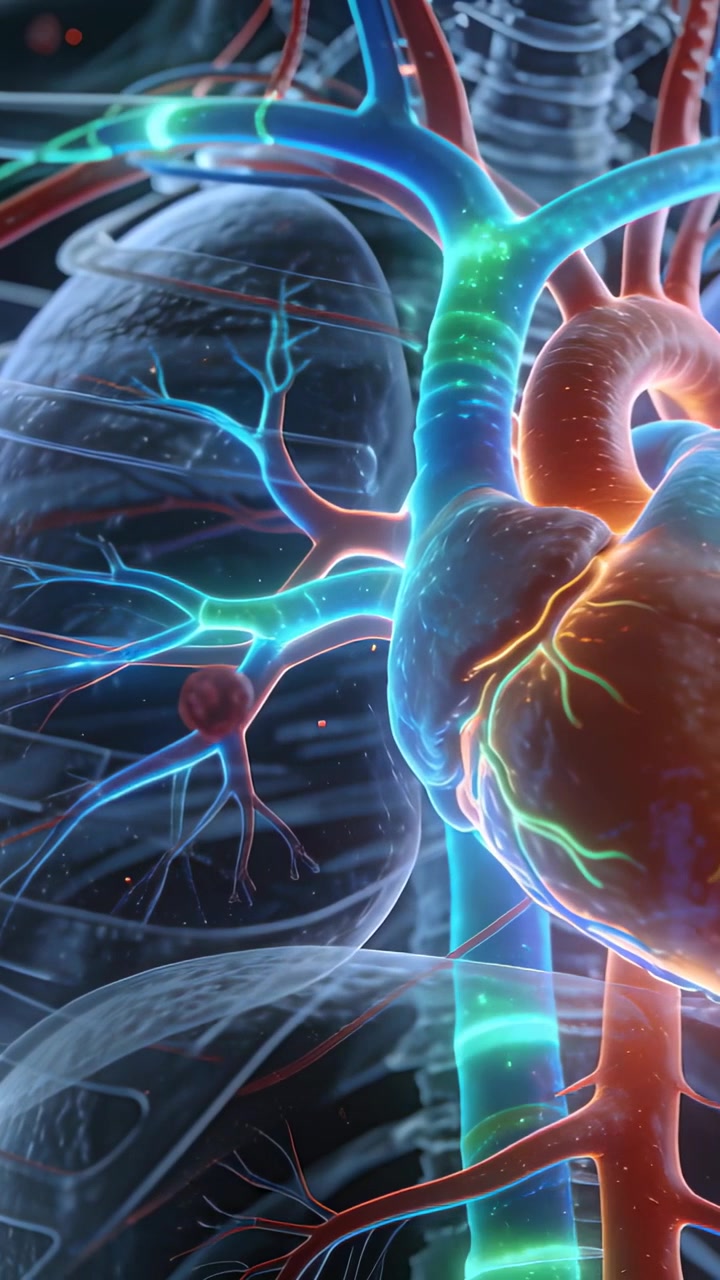 Vertical video: Pulsing after heartbeat, heart and vessels sending lit flow and red cells in chest