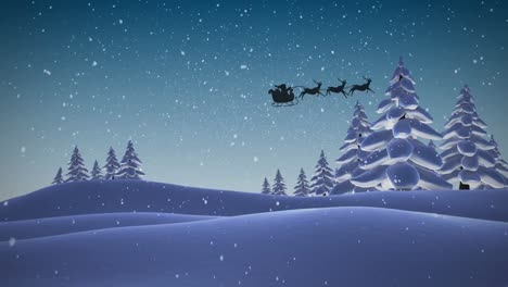 Animation-of-santa-claus-in-sleigh-with-reindeer-passing-over-snowy-winter-scenery