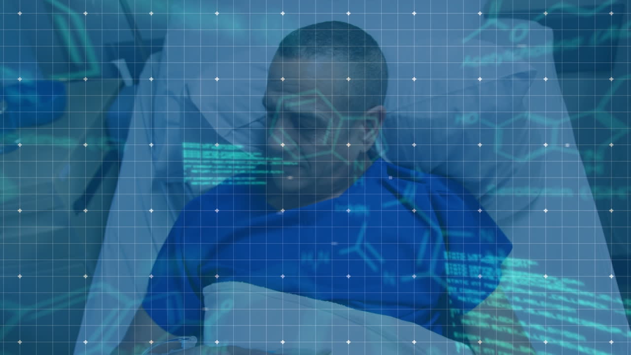 Animation of digital screen with data processing over caucasian male patient in hospital bed