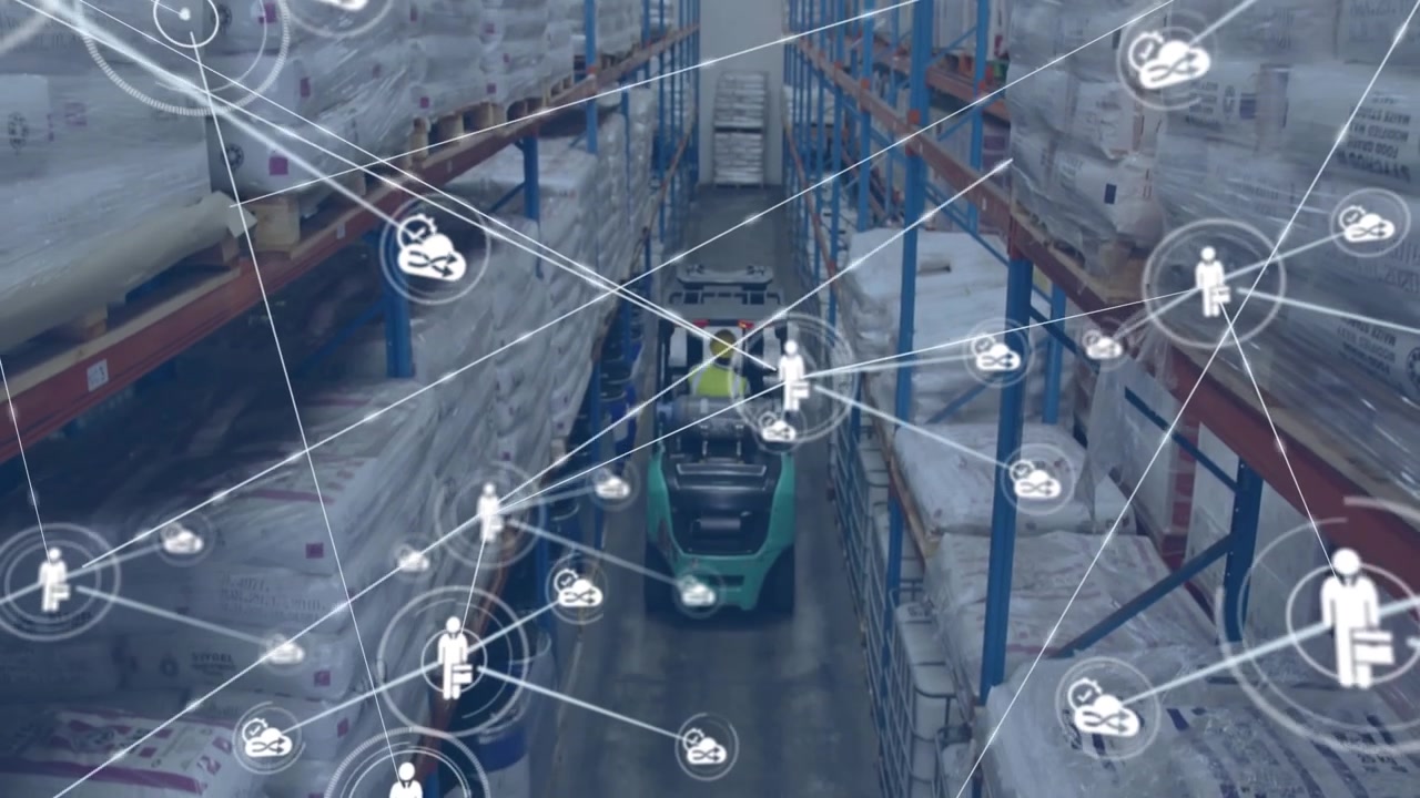 operator moving forklift down warehouse aisle generating network overlay connecting sacks and drums