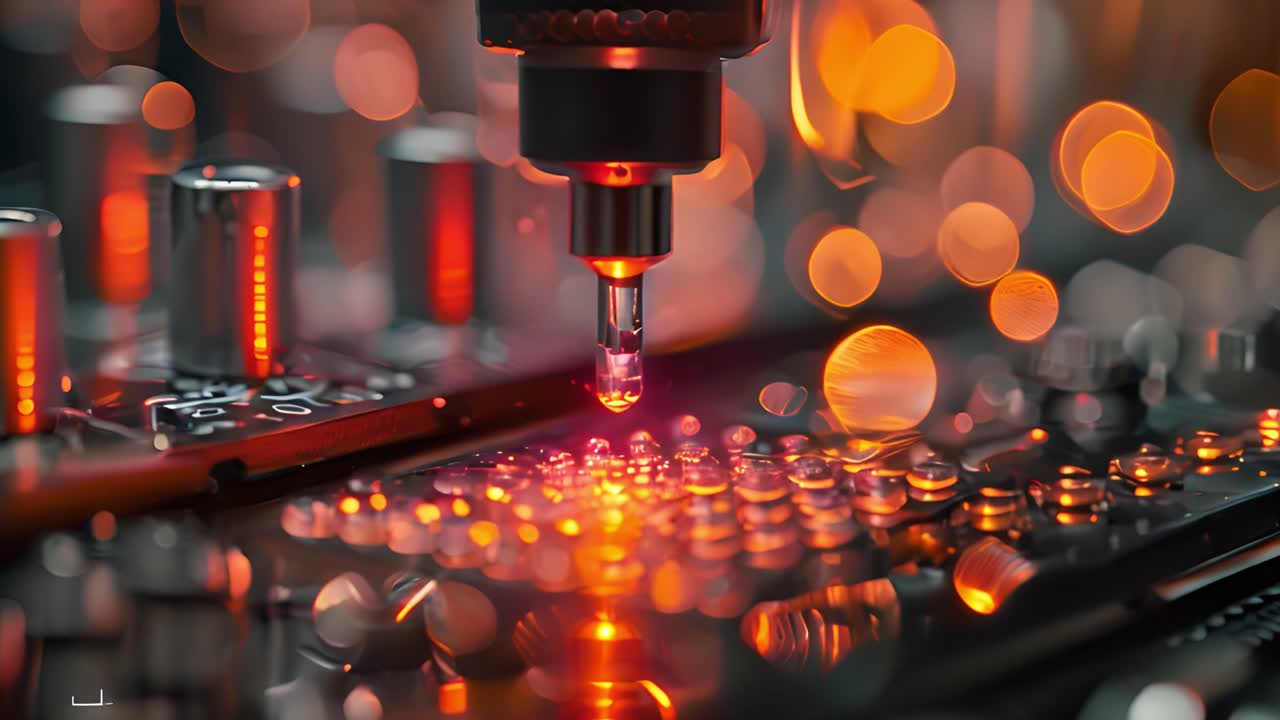 Close-up of a precision tool on an electronic circuit board with glowing red light