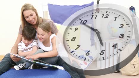 animation of a caucasian woman with her children reading together over moving clock