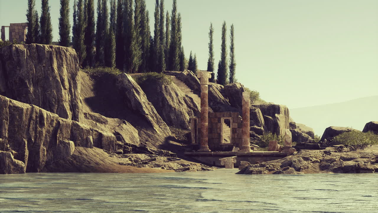 Antiche rovine vicino a uno specchio d'acqua tranquillo, circondate da una vegetazione lussureggiante