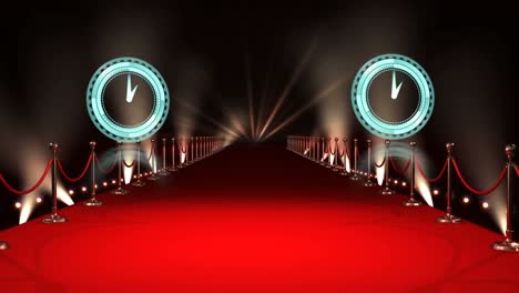 Animation-of-clocks-moving-over-red-carpet-and-lights