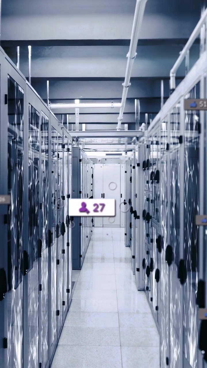 Vertical video: Server rack aisle showing pointer popping badges and updating counts to show growth