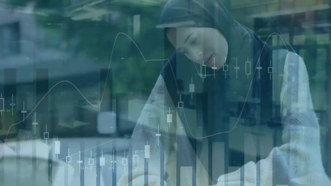 스마트 폰을 사용하여 히자브를 입은 여성에 대한 통계 및 데이터 처리 애니메이션