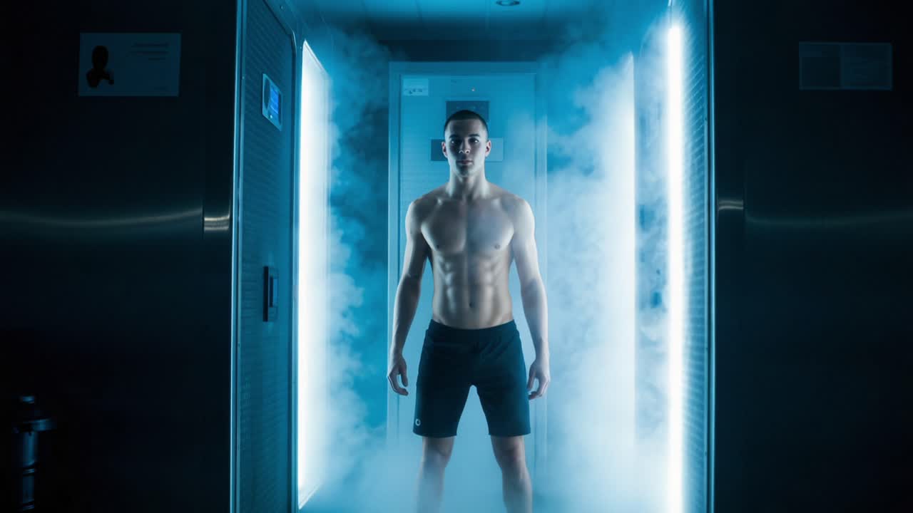 Una persona concentrata si erge con sicurezza in una nebbia eterea, illuminata da una luce blu, catturando l'essenza di forza e determinazione in un ambiente moderno