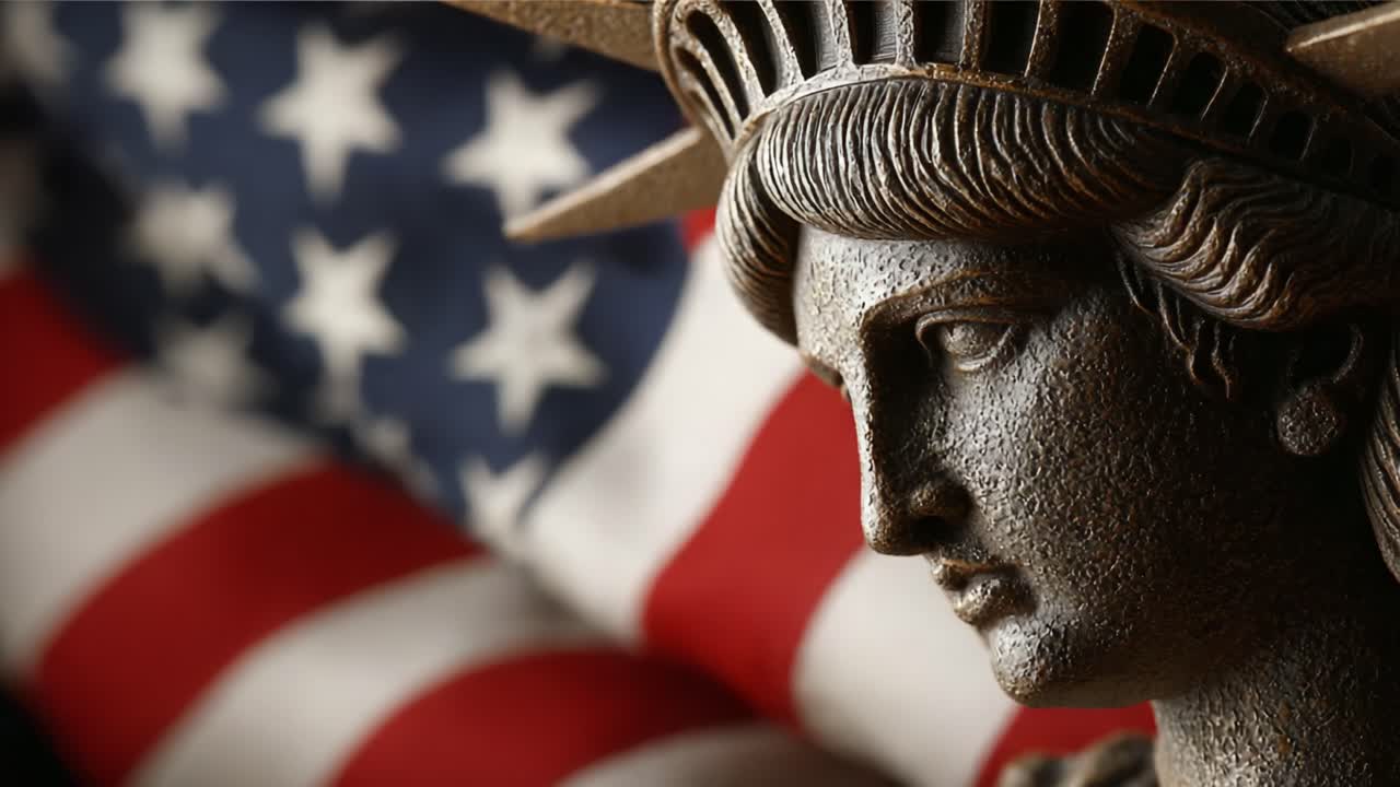 An Inspiring View of Liberty: Captivating Close-Up of a Historic Statue with American Flag in Background, Symbolizing Freedom and Hope