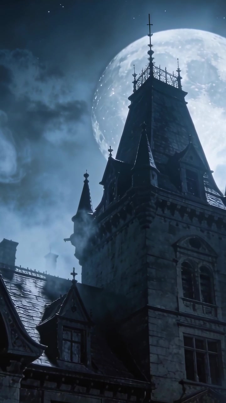 Video verticale: Nuvole alla deriva che rivelano una torre gotica in pietra illuminata dalla luna di notte, nebbia che avvolge le guglie.