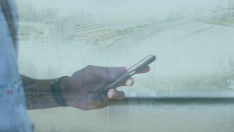 Animation-of-man-using-smartphone-over-cityscape