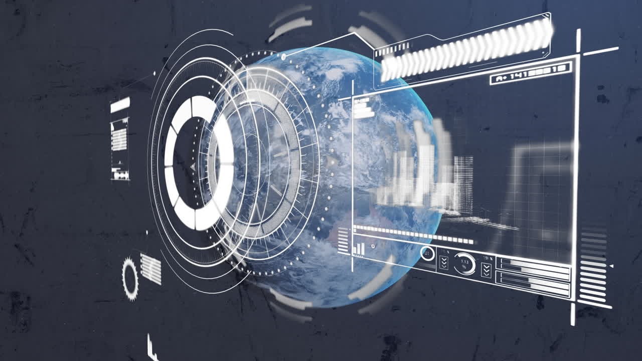 블랙 배경에 대한 지구 상의 아크 원자로와 인포그래픽 인터페이스의 애니메이션