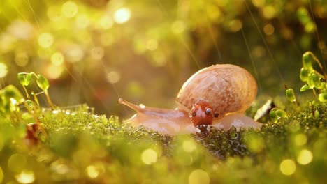 un primer plano de la vida silvestre de un caracol y una mariquita en la luz del atardecer.