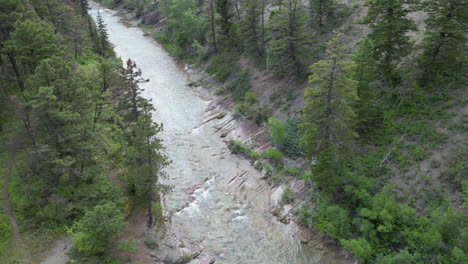 river in the woods to mountains and blue sky