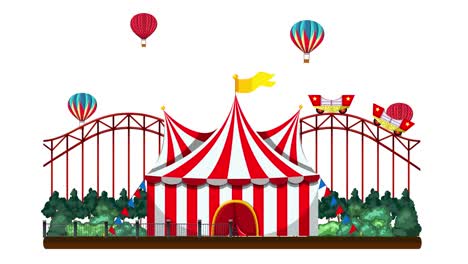 animated carnival scene with balloons and roller coaster.