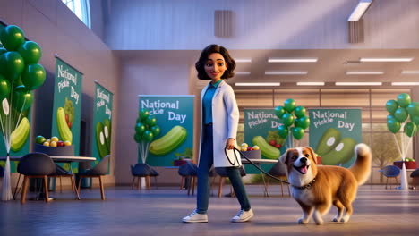 Cartoon image of woman walking dog at Pickle Day celebration