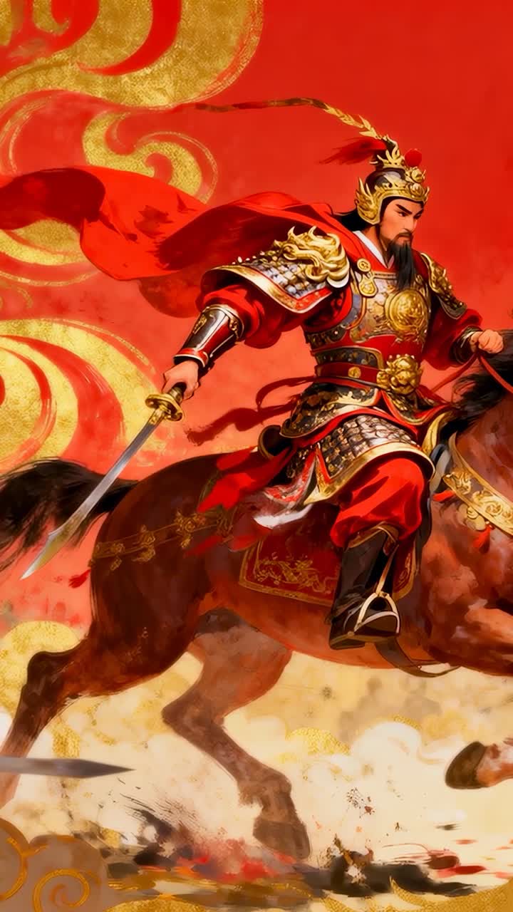 Video verticale: cavaliere alla carica su cavallo corazzato, che brandisce una spada su uno sfondo rosso-oro