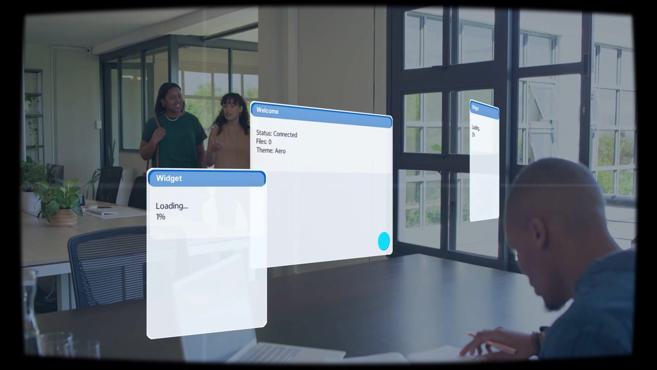 AR status panes appearing in office and overlaying table for sync while women entering, man typing
