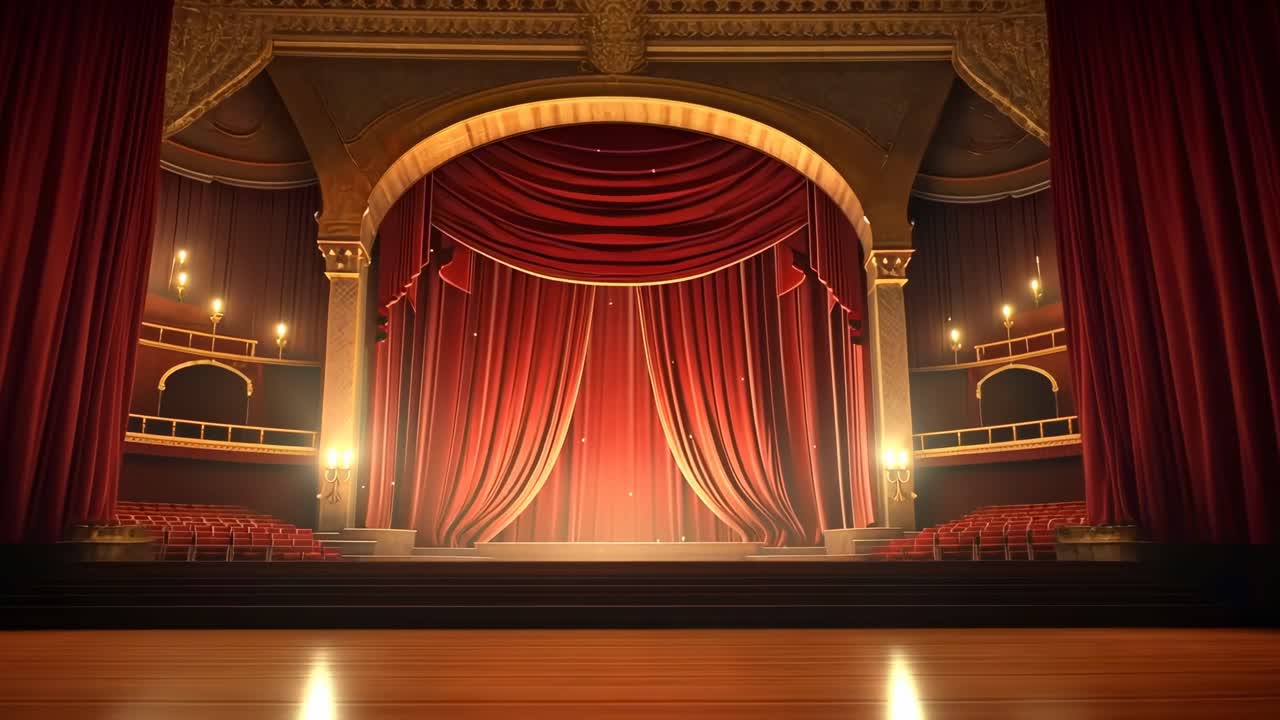 Elegant theater stage with red curtains, viewed from a low angle