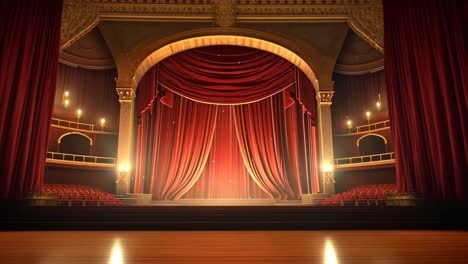 elegant theater stage with red curtains, viewed from a low angle