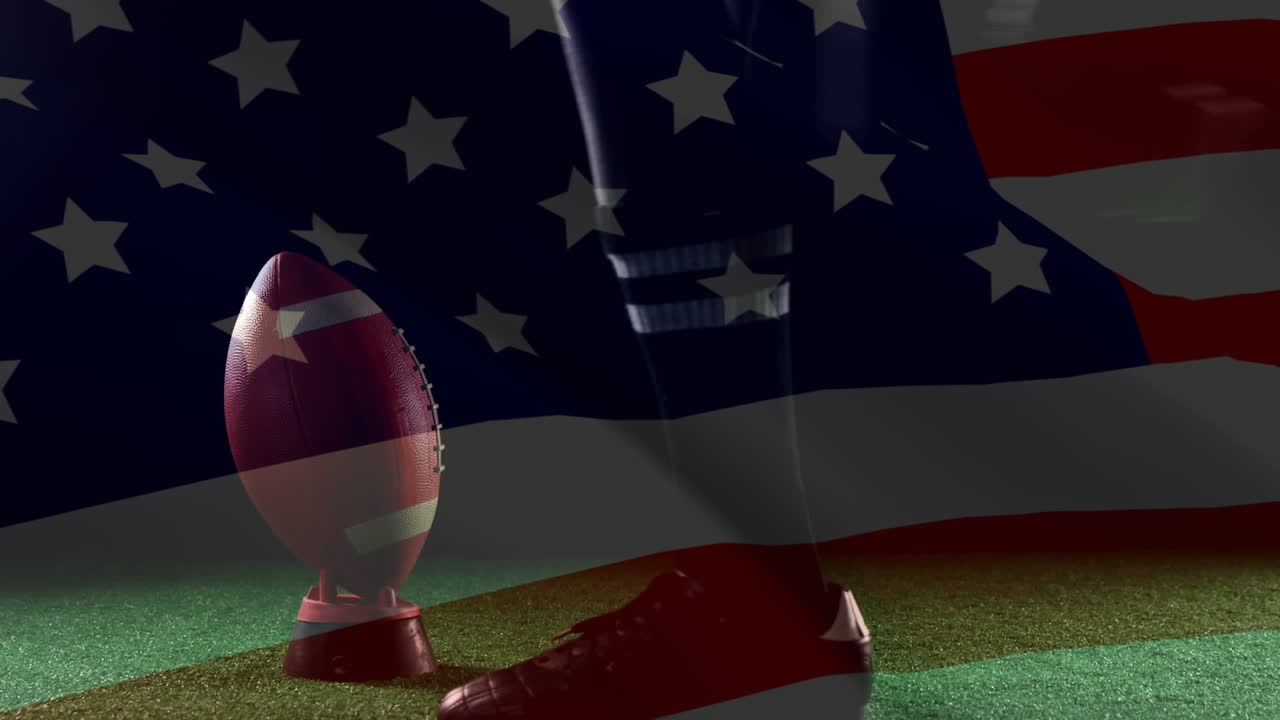 Composition of American football player kicking in the ball