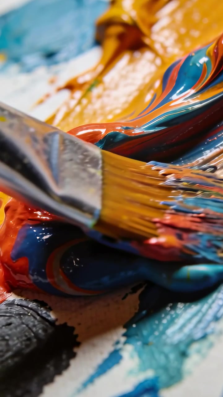 Vídeo vertical: Pincel chato entrando, pressionando e desenhando tinta colorida na paleta, misturando cores.