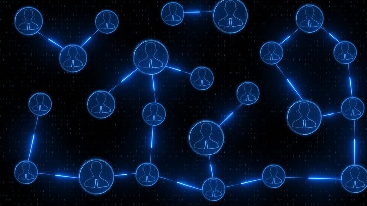 Futuristic network connection glowing user icons linked through particle grid blockchain data