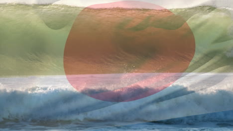 digital composition of waving japan flag against waves in the sea