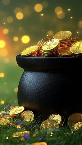 pot of gold under a vibrant rainbow. a pot filled with shimmering gold coins sits on lush grass, with a colorful rainbow arching in the background.