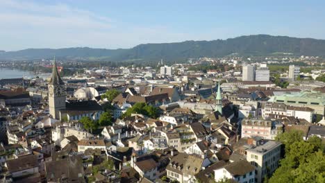 Beautiful-Aerial-Shot-Above-Zurich,-Switzerland-on-Summer-Day