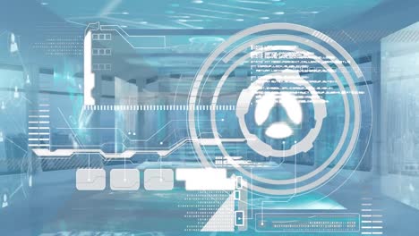 Animation-of-interface-with-round-scanner-and-data-processing-against-empty-office