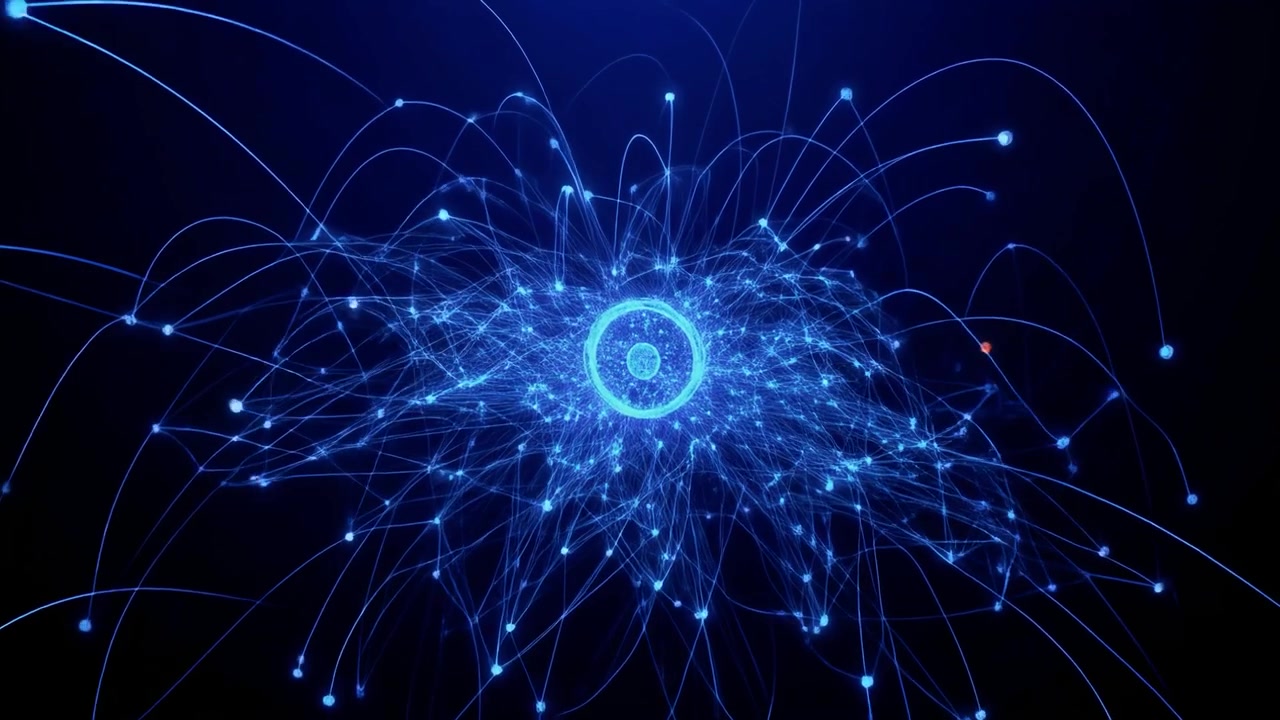 Rete digitale astratta che si espande da un nucleo centrale luminoso