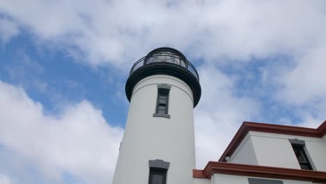 tilted up shot of lighthouse on a cloudy day