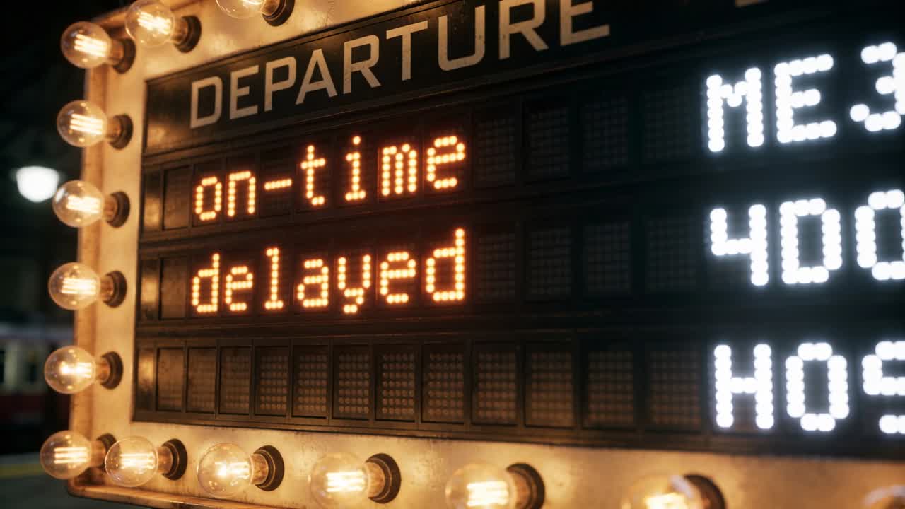 Bombillas parpadeantes iluminan un panel de salidas retro que muestra vuelos a tiempo o con retraso, códigos blancos en la estación