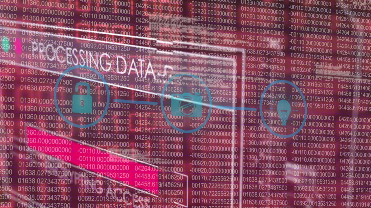 animación de la red de iconos digitales y interfaz con procesamiento de datos contra un fondo rosa.