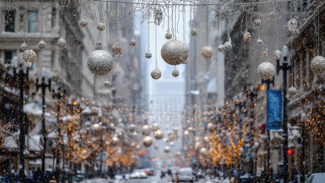 A Winter Wonderland: Snowy Urban Street Adorned with Shimmering Ornaments and Twinkling Lights, Capturing the Magical Essence of the Holiday Season