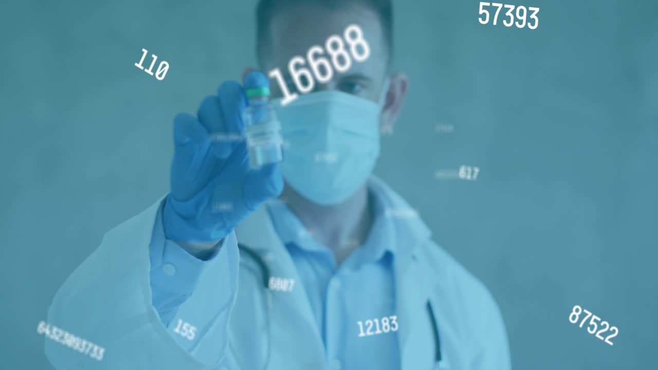 통계 숫자의 애니메이션과 백신  ⁇ 통을 들고 있는 마스크를 쓴 의사