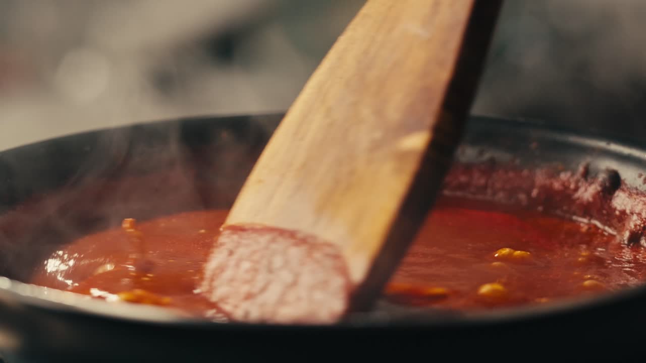 Chicken in tomato sauce is boiling on a frying pan with spices. Cooking tomato sauce curry with chicken fillet. Traditional Italian Mexican Asian dish. High quality studio shot for cafe, restaurant close up.