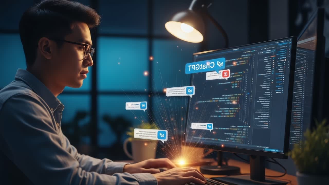 A focused individual working at their computer desk late in the evening, immersed in coding and programming while interacting with digital communication elements and notifications