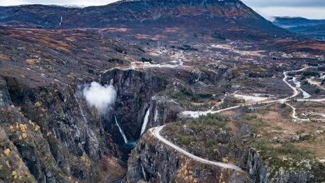 Stunning-view-of-Mabodalen-valley-and-Voringfosses-waterfall-in-Norway