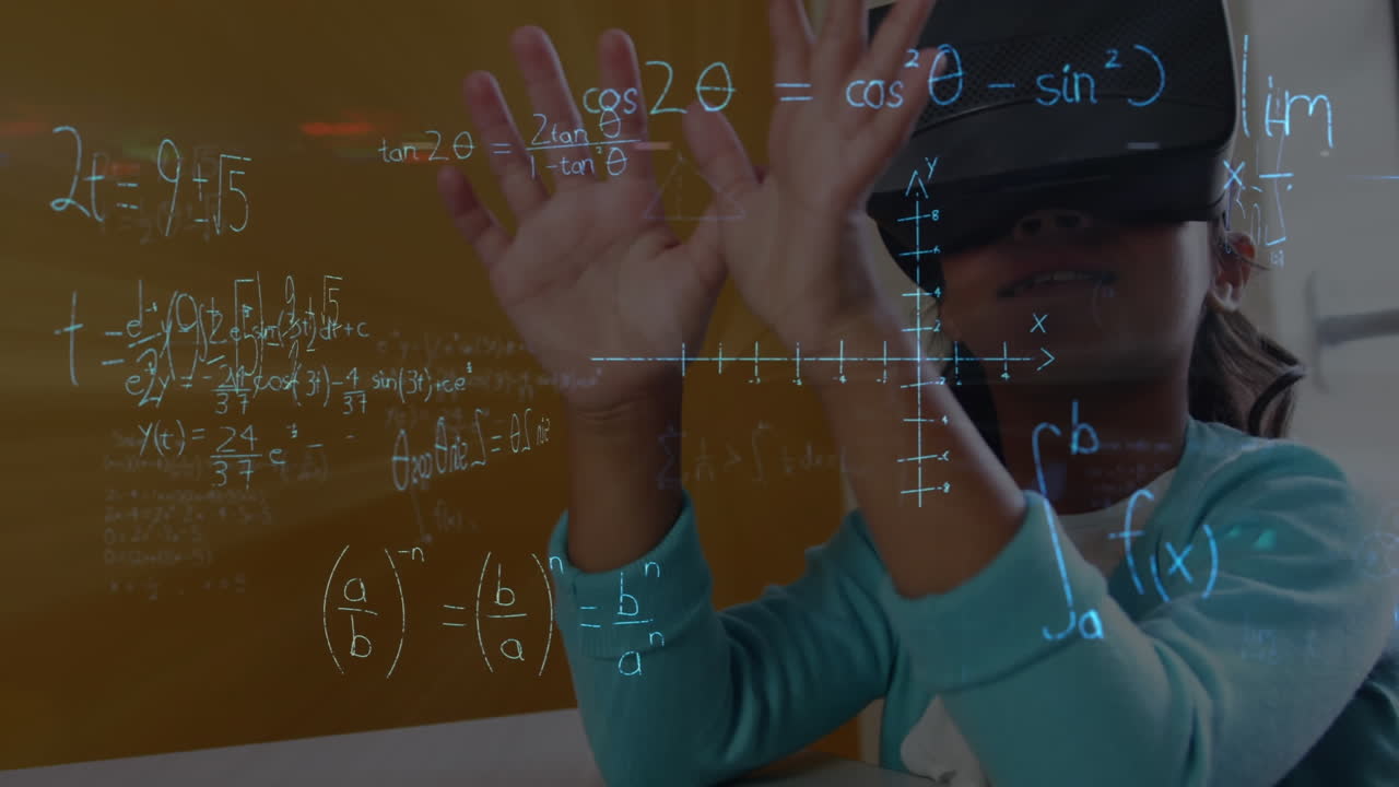 Animation of mathematical formulas over schoolgirl using vr headset