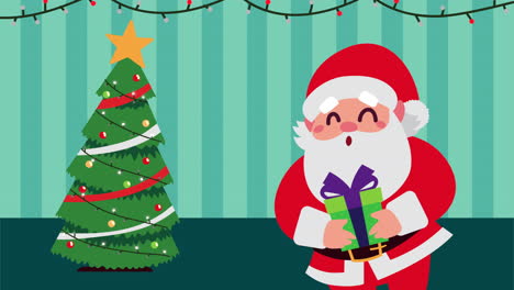 papá noel con árbol de navidad y regalo