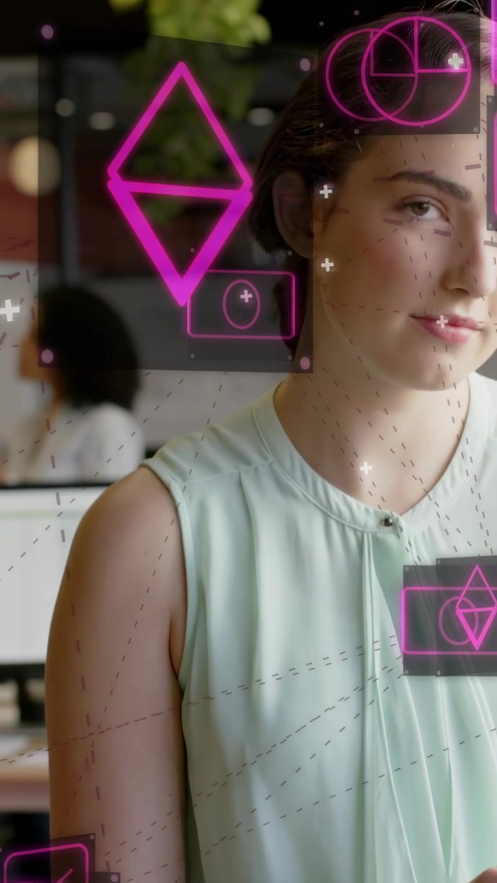 Vertical video: Office worker tapping phone, animating neon AR graphs, analyzing marketing stats