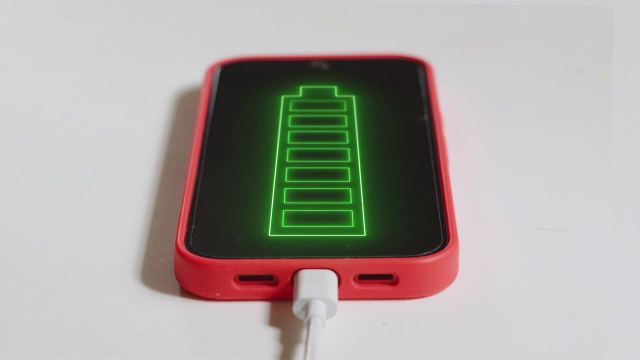Tela de celular exibindo um gráfico animado de bateria verde vibrante que se repete enquanto carrega. Perfeito para conteúdo de tecnologia, produtividade e estilo de vida diário. 4K.