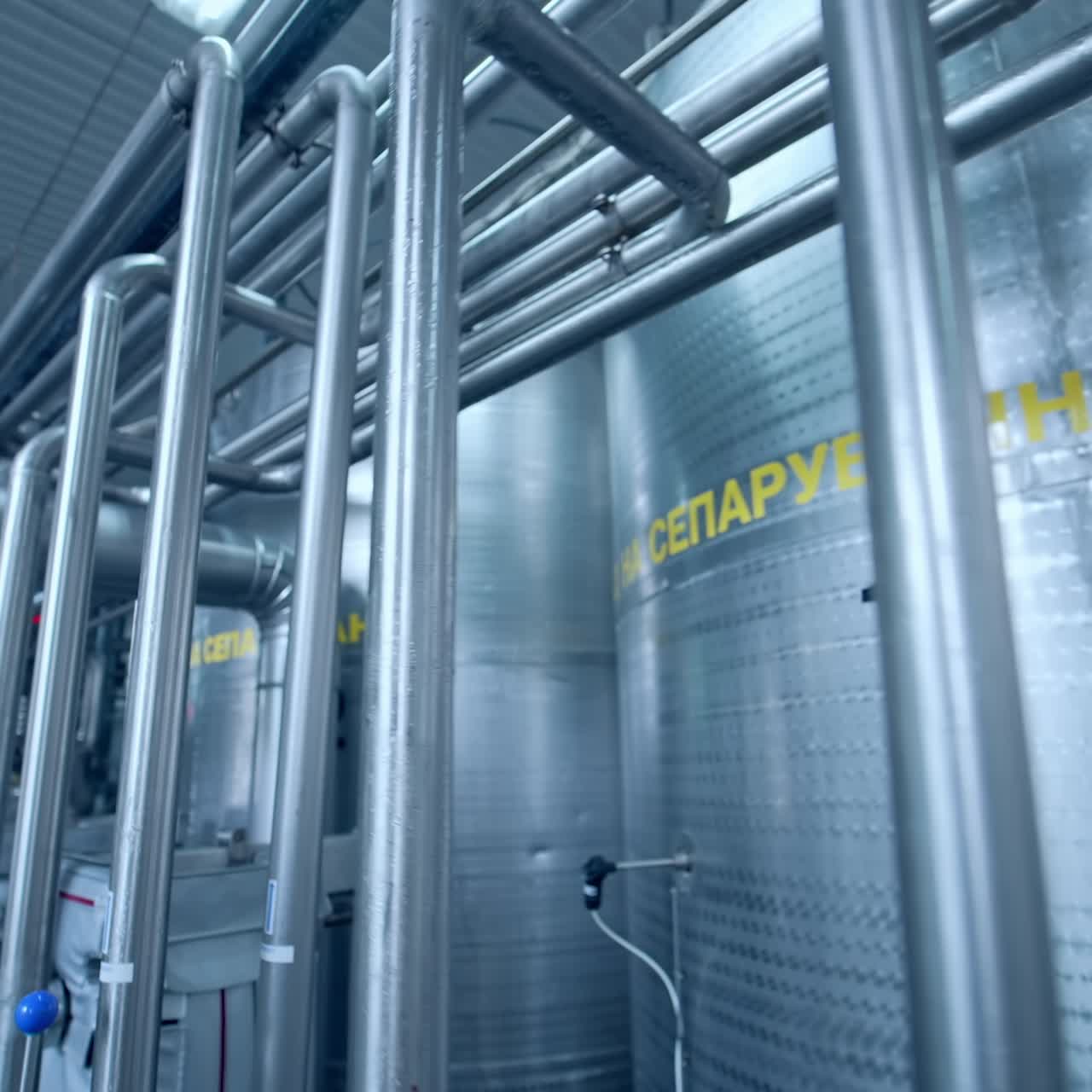 Interior of dairy factory with fermentation tank. Technology equipment at dairy farm. Sterile production