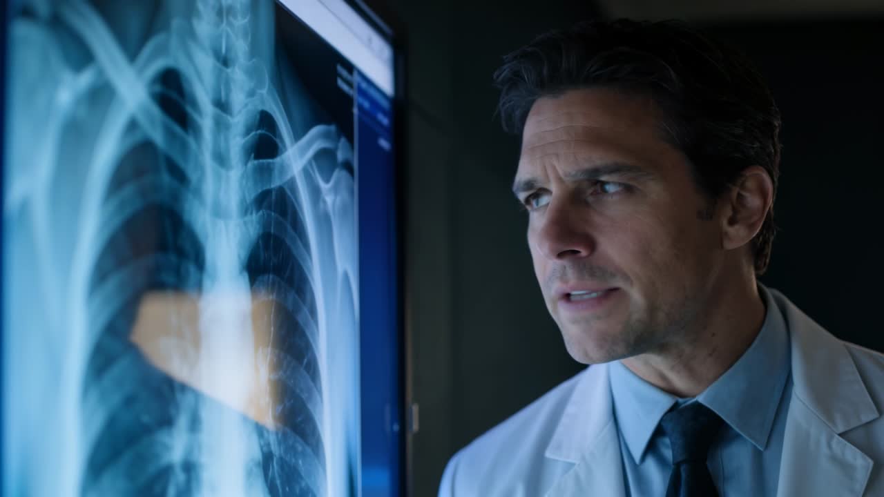 Zooming camera urging doctor in white coat leaning studying chest xray display in clinic for review